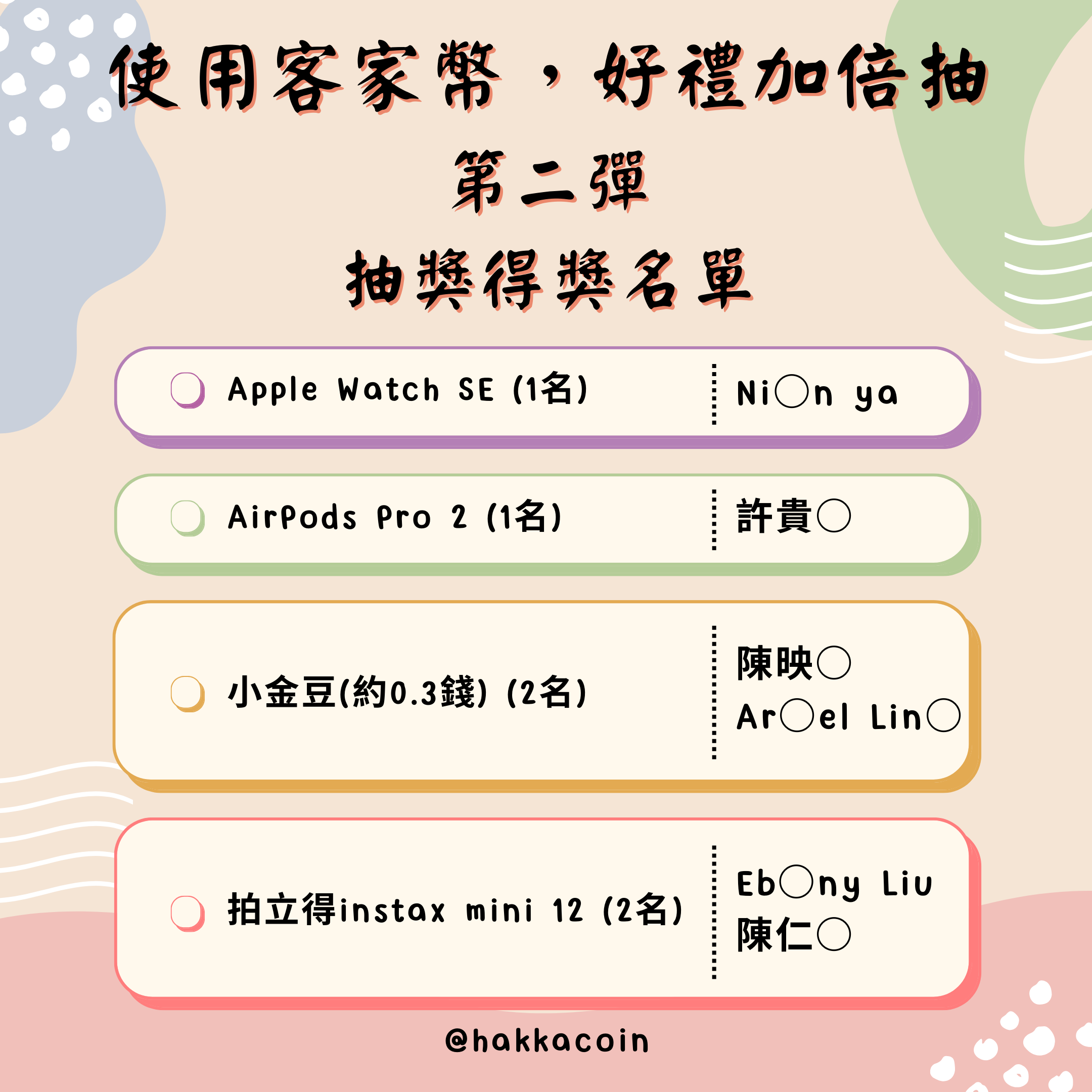 🎉【使用客家幣好禮加倍抽第二彈｜得獎名單公布】🎉 - 客家幣活動網頁｜探索客庄、用數位幣享在地體驗